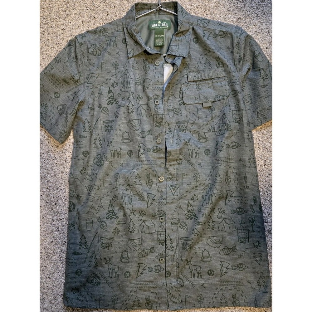 Lake & Trail Boys XL 14/16 Outdoor Camping‎ Print Button Up Shirt Style Green